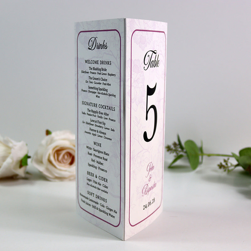 Purple Frame 018 - Personalised Tri-Fold Triangle Menu Cards with Table Number
