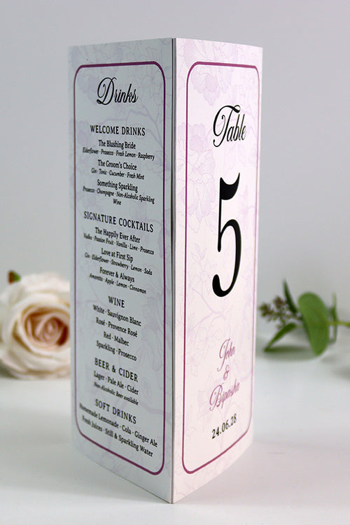 Load image into Gallery viewer, Purple Frame 018 - Personalised Tri-Fold Triangle Menu Cards with Table Number
