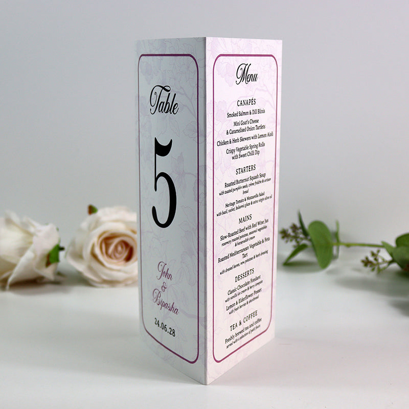 Purple Frame 018 - Personalised Tri-Fold Triangle Menu Cards with Table Number