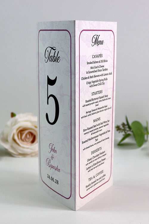 Load image into Gallery viewer, Purple Frame 018 - Personalised Tri-Fold Triangle Menu Cards with Table Number
