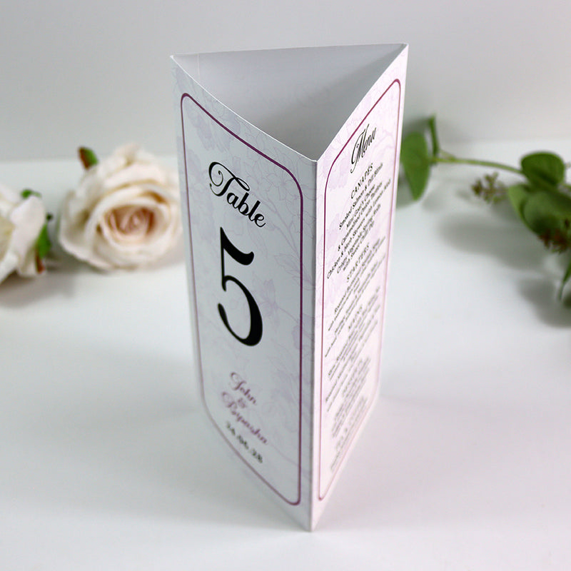 Purple Frame 018 - Personalised Tri-Fold Triangle Menu Cards with Table Number
