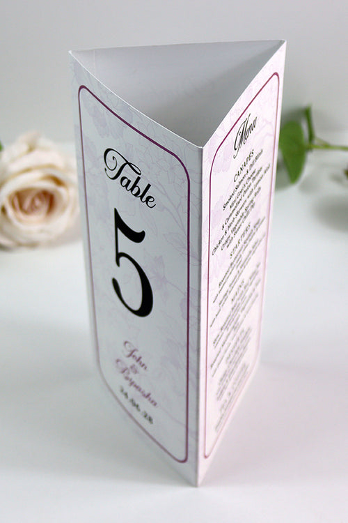 Load image into Gallery viewer, Purple Frame 018 - Personalised Tri-Fold Triangle Menu Cards with Table Number
