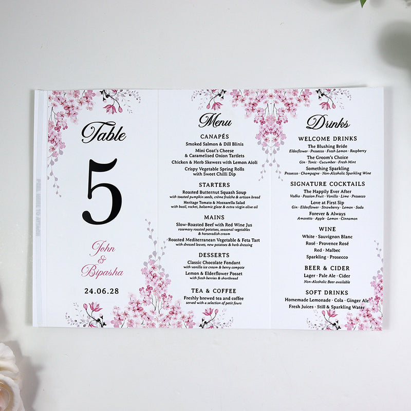 Pink Blossom 017 - Personalised Tri-Fold Triangle Menu Cards with Table Number
