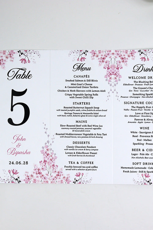 Load image into Gallery viewer, Pink Blossom 017 - Personalised Tri-Fold Triangle Menu Cards with Table Number
