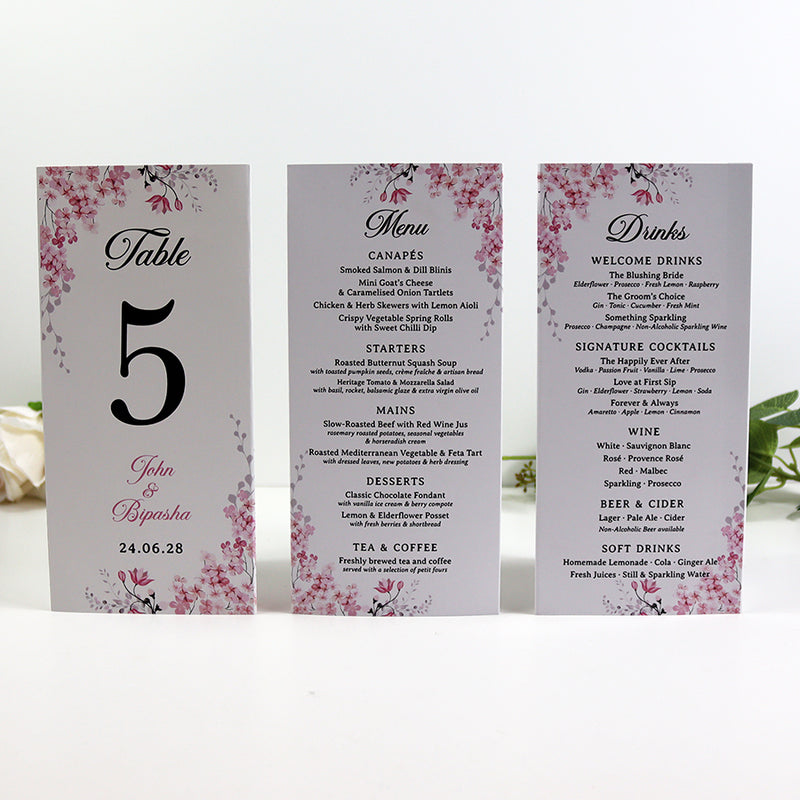 Pink Blossom 017 - Personalised Tri-Fold Triangle Menu Cards with Table Number