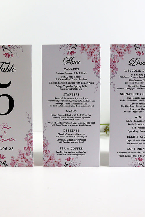 Load image into Gallery viewer, Pink Blossom 017 - Personalised Tri-Fold Triangle Menu Cards with Table Number
