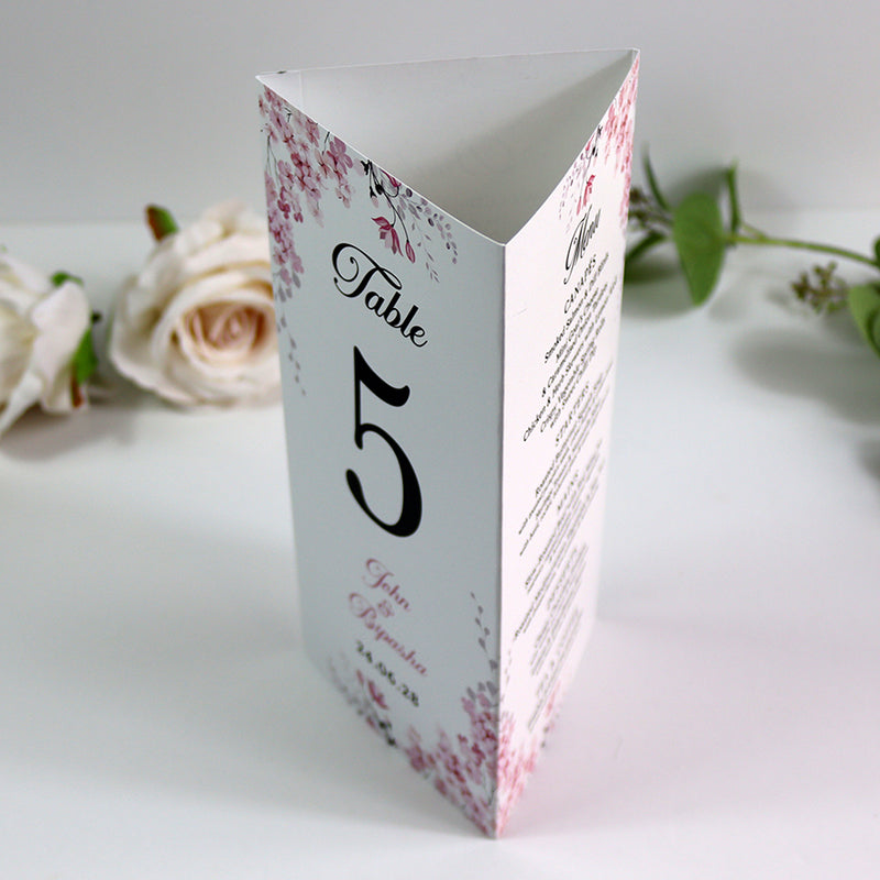 Pink Blossom 017 - Personalised Tri-Fold Triangle Menu Cards with Table Number