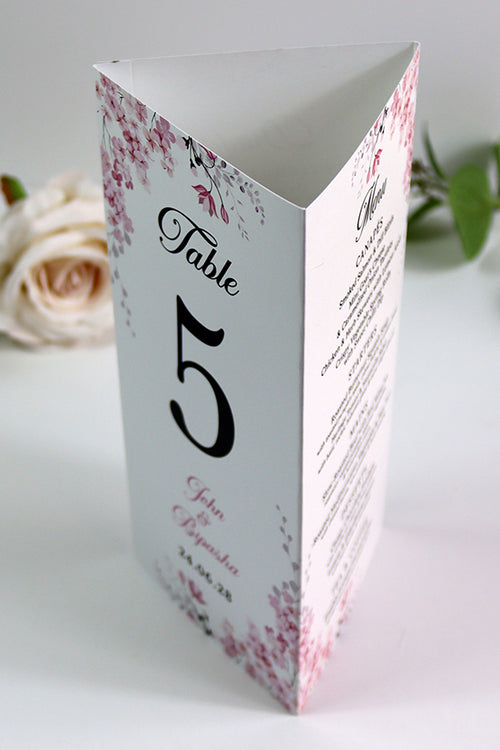 Load image into Gallery viewer, Pink Blossom 017 - Personalised Tri-Fold Triangle Menu Cards with Table Number
