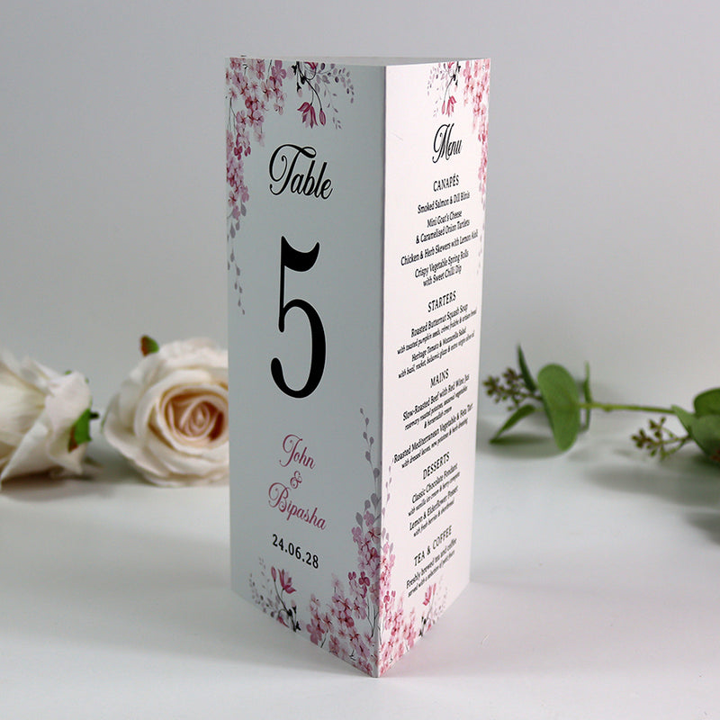 Pink Blossom 017 - Personalised Tri-Fold Triangle Menu Cards with Table Number