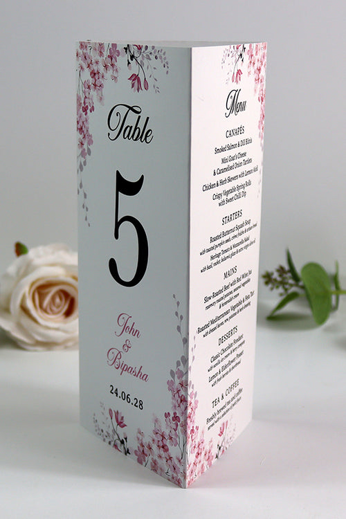 Load image into Gallery viewer, Pink Blossom 017 - Personalised Tri-Fold Triangle Menu Cards with Table Number
