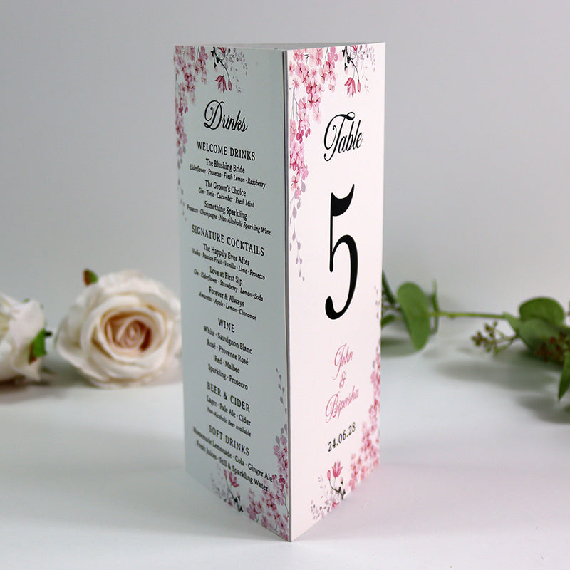 Pink Blossom 017 - Personalised Tri-Fold Triangle Menu Cards with Table Number