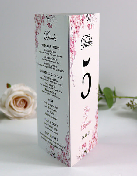 Pink Blossom 017 - Personalised Tri-Fold Triangle Menu Cards with Table Number