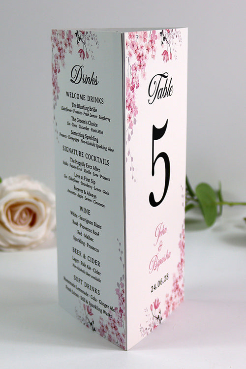Load image into Gallery viewer, Pink Blossom 017 - Personalised Tri-Fold Triangle Menu Cards with Table Number

