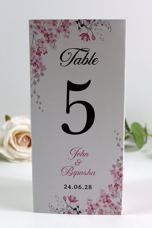 Load image into Gallery viewer, Pink Blossom 017 - Personalised Tri-Fold Triangle Menu Cards with Table Number
