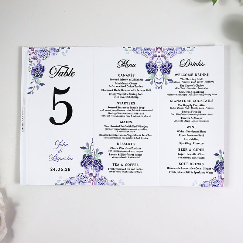 Lilac 016 - Personalised Tri-Fold Triangle Menu Cards with Table Number