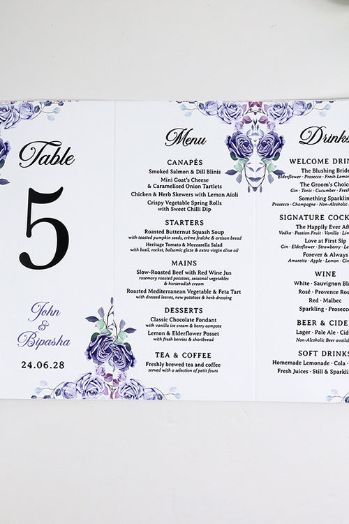 Load image into Gallery viewer, Lilac 016 - Personalised Tri-Fold Triangle Menu Cards with Table Number
