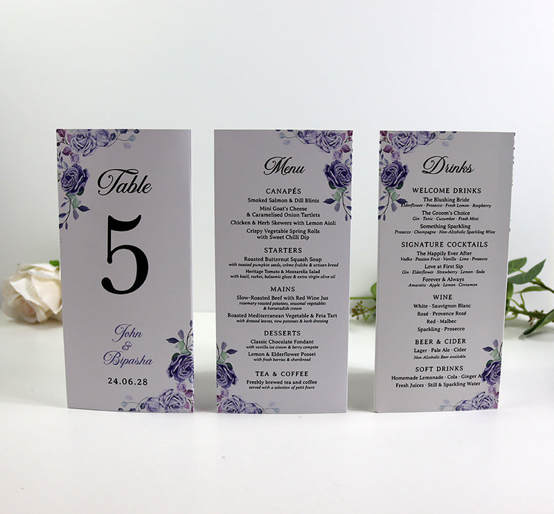 Lilac 016 - Personalised Tri-Fold Triangle Menu Cards with Table Number