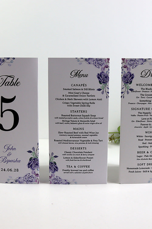 Load image into Gallery viewer, Lilac 016 - Personalised Tri-Fold Triangle Menu Cards with Table Number
