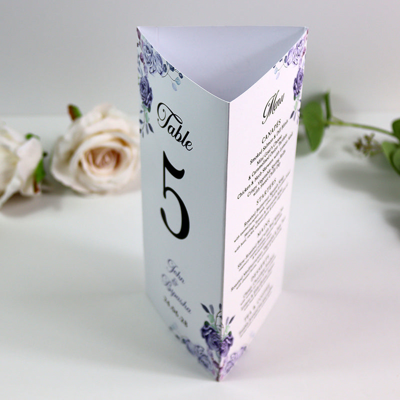Lilac 016 - Personalised Tri-Fold Triangle Menu Cards with Table Number