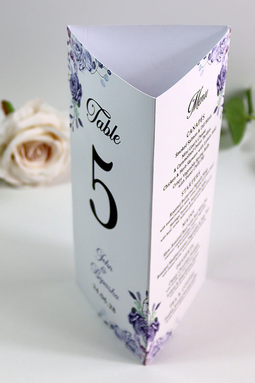 Load image into Gallery viewer, Lilac 016 - Personalised Tri-Fold Triangle Menu Cards with Table Number
