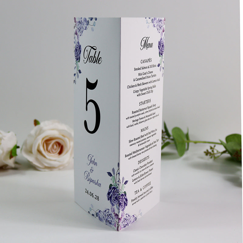 Lilac 016 - Personalised Tri-Fold Triangle Menu Cards with Table Number