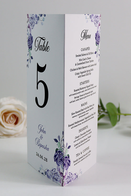 Load image into Gallery viewer, Lilac 016 - Personalised Tri-Fold Triangle Menu Cards with Table Number
