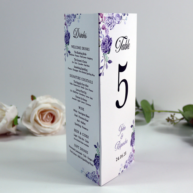 Lilac 016 - Personalised Tri-Fold Triangle Menu Cards with Table Number