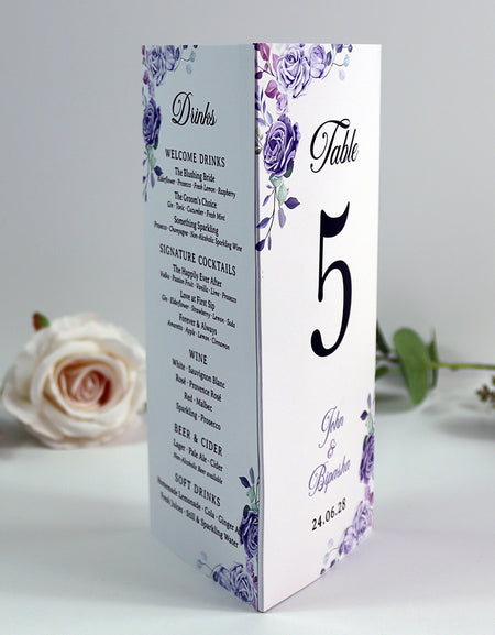 Lilac 016 - Personalised Tri-Fold Triangle Menu Cards with Table Number
