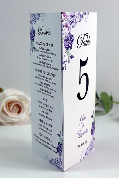 Load image into Gallery viewer, Lilac 016 - Personalised Tri-Fold Triangle Menu Cards with Table Number
