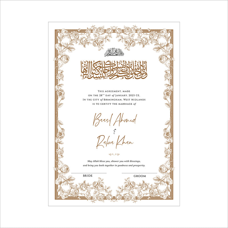 NK 143 Line Drawn Gold Rose Flower Personalized Nikah Nama