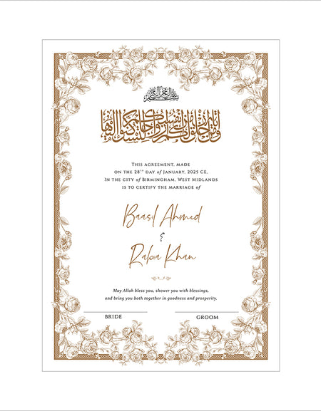 NK 143 Line Drawn Gold Rose Flower Personalized Nikah Nama