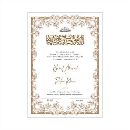 NK 143 Line Drawn Gold Rose Flower Personalized Nikah Nama