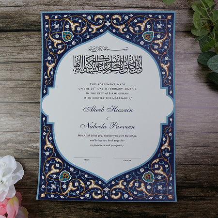 Traditional Nikah nama in blue which is a Colourful Nikah Nama for Islamic Wedding and Walima