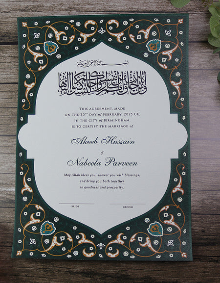 Green Colored Nikahnama with dainty floral design. A very popular Nikah Nama