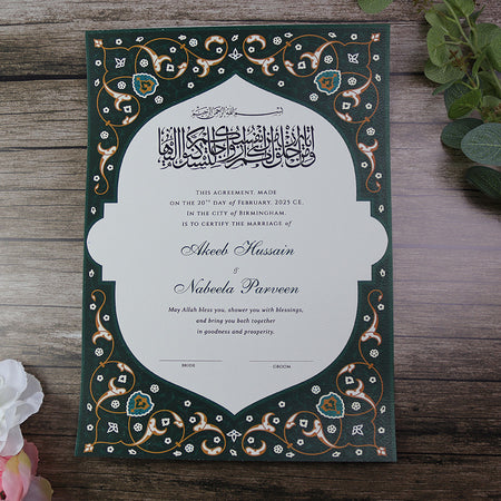 Green Colored Nikahnama with dainty floral design. A very popular Nikah Nama