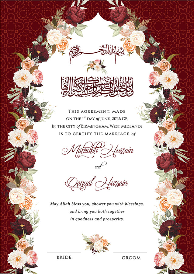 NK 138 Red Floral Personalised Nikah Nama