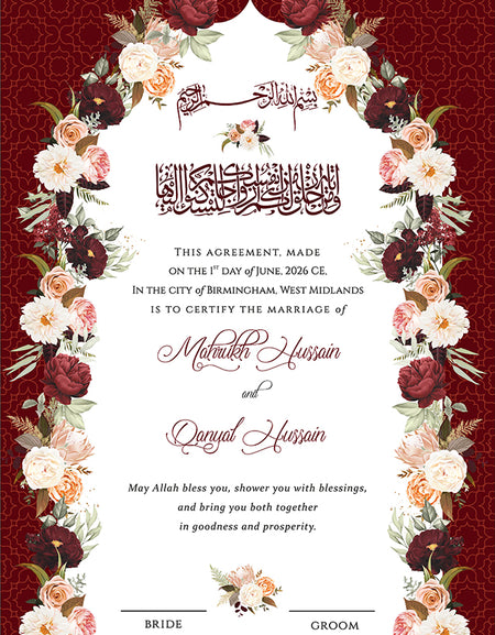 NK 138 Red, Pink and White Floral Design Personalised Nikah Nama - Shadicards.com