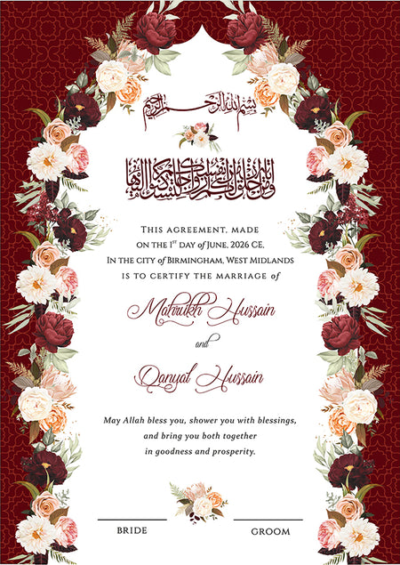 NK 138 Red, Pink and White Floral Design Personalised Nikah Nama - Shadicards.com