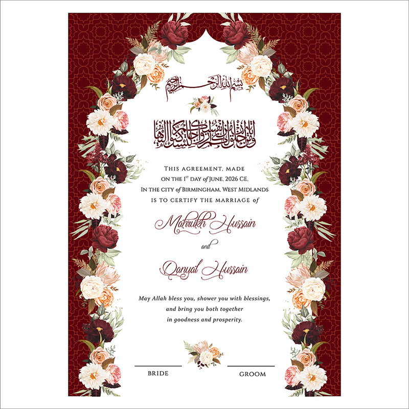 NK 138 Red Floral Personalised Nikah Nama