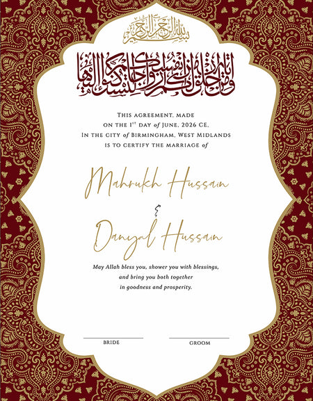 Wedding Certificate NikahNama in Gold & Red design