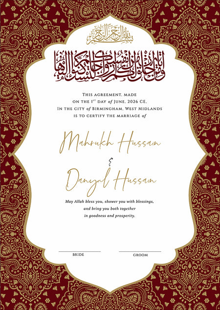 Wedding Certificate NikahNama in Gold & Red design