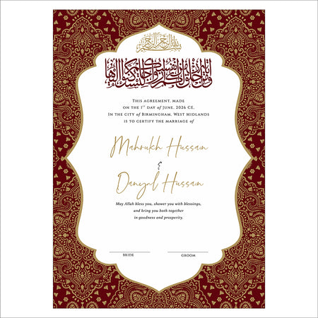 Red & Gold traditional Indian Pakistani design Nikah Nama