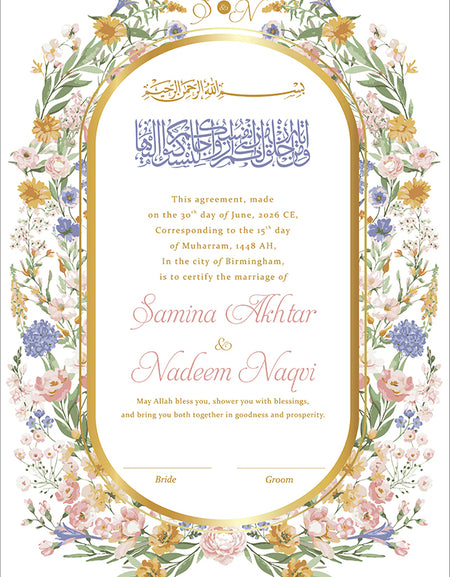 NK 140 Stunning Yellow and Blue Summer Oval Floral Border Nikah Nama – Islamic Wedding Stationery – Shadicards