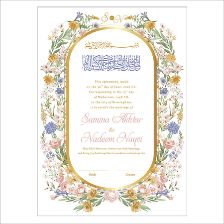 Stunning A3 Nikah Nama with Yellow & Blue Summer Oval Floral Border – Elegant Large-Size Wedding Stationery – Shadicards