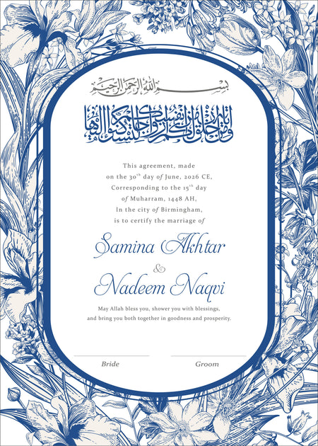 NK 141 Blue Line Drawn Floral Personalised Nikah Nama