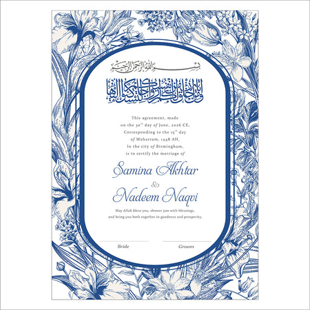 NK 141 Blue Line Drawn Floral Personalised Nikah Nama