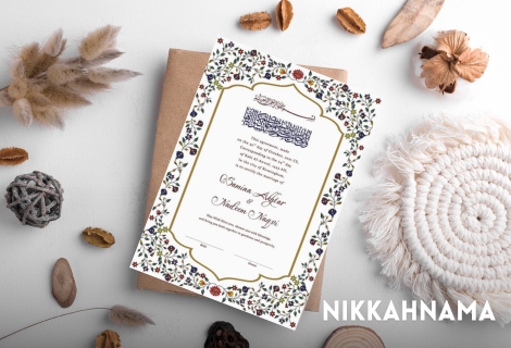 NikahNama by ShadiCards.com - Beautifully designed Muslim marriage certificate featuring intricate details and customizable options for a memorable celebration.