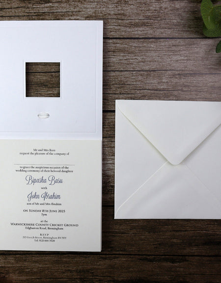 Open view of 7006 Invitation, revealing the 2-fold square design with event details, shimmering pearlescent cardstock, and a square window cutout, perfect for weddings and formal events