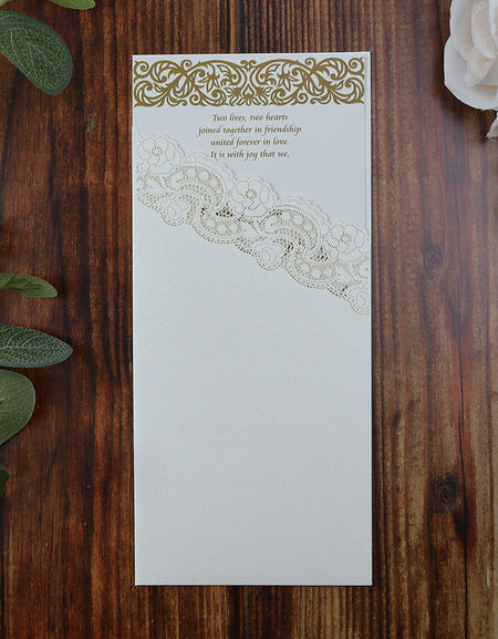 PK 810 Tall Portrait Pearlescent Ivory Lasercut Pocket Invitation