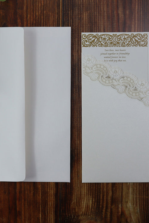 Load image into Gallery viewer, PK 810 Tall Portrait Pearlescent Ivory Lasercut Pocket Invitation
